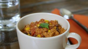 Bowl of slow cooker heart healthy turkey chili from American Heart Association