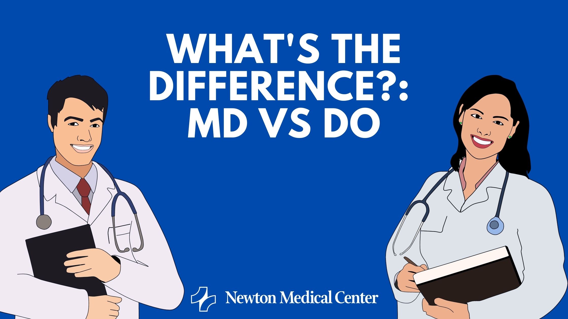 cartoon graphic with male and female doctor and what's the difference between MD vs DO