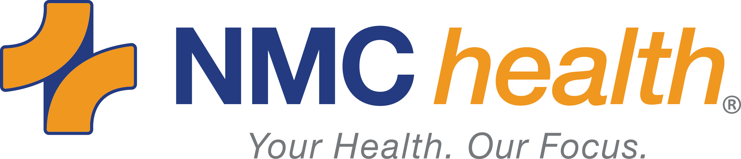 NMC Health logo newton ks blue and gold color logo with register mark and tagline