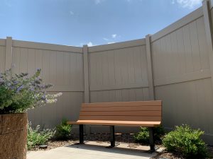 Bench at Barrick & Kristi Wilson Terrace at the Senior Behavioral Health Center at NMC Health Medical Center in Newton KS