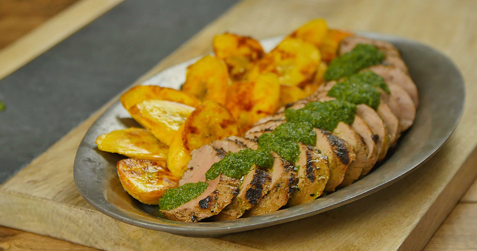 plate of grilled cuban mojo marinated pork tenderloin and fried plantains, yummy, heart-healthy recipes, delicious meal with low sodium diet