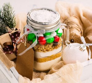 Christmas Cookie Mix in a Mason Jar with a tag and ornament