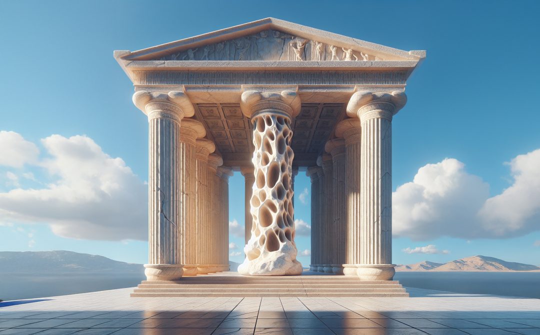 building columns portrayed as weak bone with holes like osteoporosis