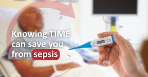 hand holding thermometer in front of african american man lying in hospital bed. "Knowing TIME can save you from sepsis."