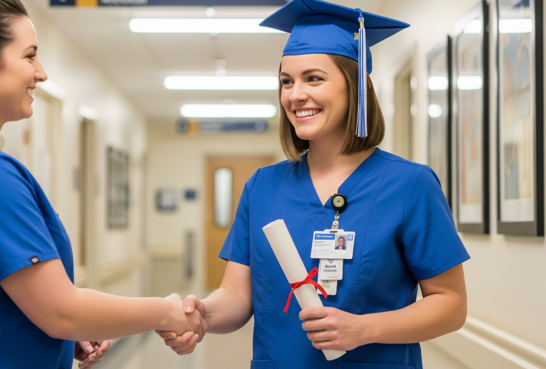 a woman in blue graduation gown and cap shaking hands with another person