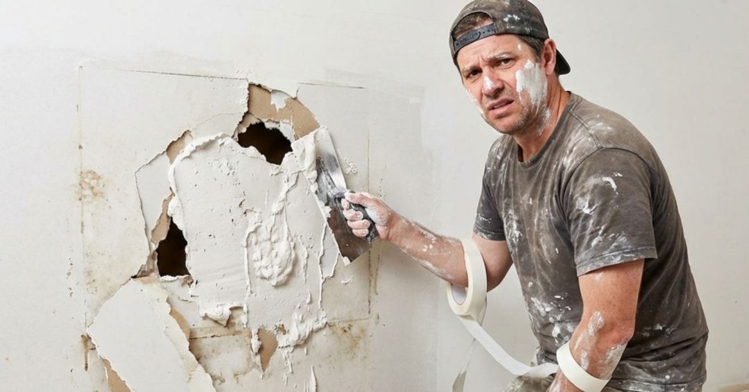 man covered in spackle attempting to patch large hole in wall